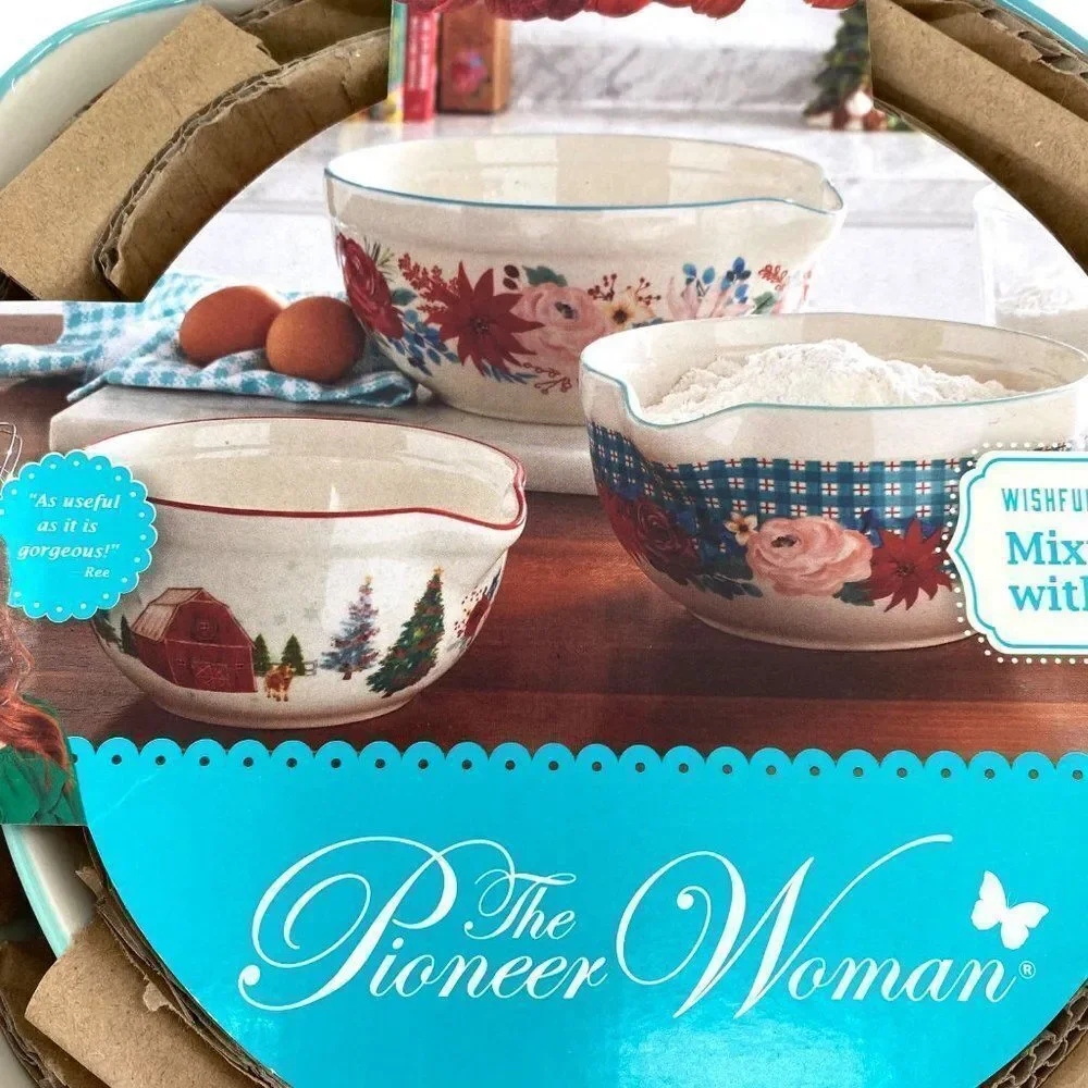 Pioneer Woman Wishful Winter Mixing Bowls With Spout Set New